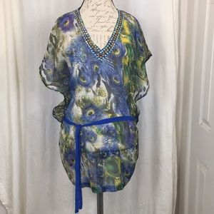 Swimsuit 🩱 Peacock Feather Beaded Bathing Suit Cover Up Tunic Caftan Poncho 👚